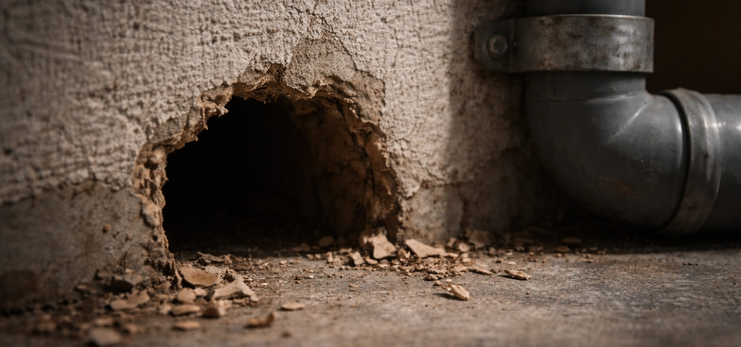 Des trous ou fissures agrandis autour des tuyaux, plinthes ou murs